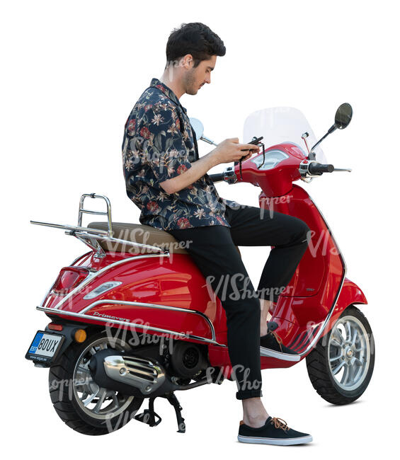 cut out man sitting on a red vespa scooter
