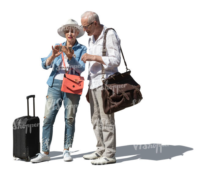 cut out elderly couple with suitcases standing and checking their phone
