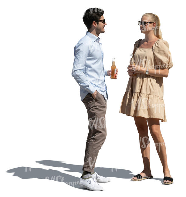 cut out man and woman standing and talking while drinking refreshing drinks