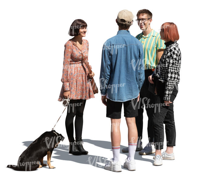four cut out young people and a dog standing in a group and talking