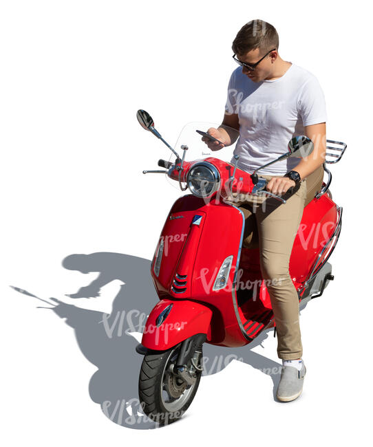 cut out man riding a red vespa scooter seen from above