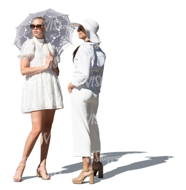 two cut out fancy women in white standing and talking