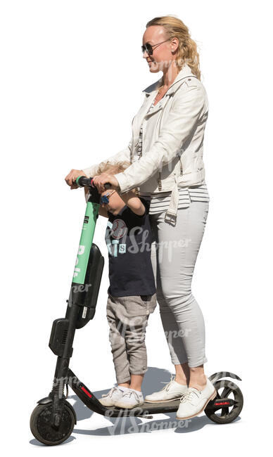 cut out mother and son riding an electric scooter together