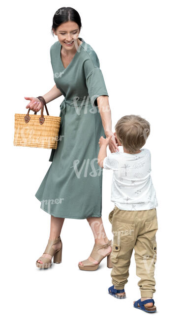 cut out mother standing and taking her son by his hand