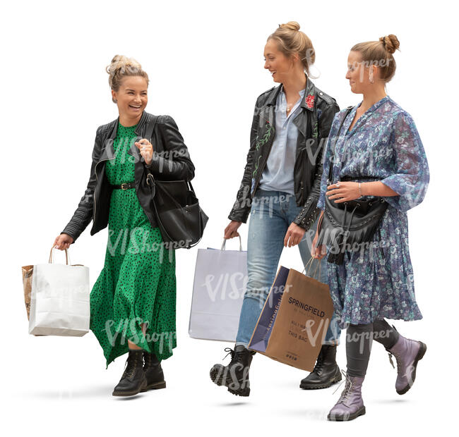 three cut out happy women with shopping bags walking