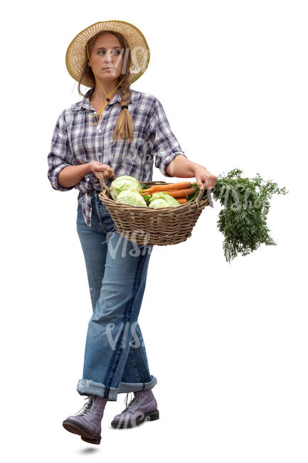 cut out woman walking and carrying a vagetable basket
