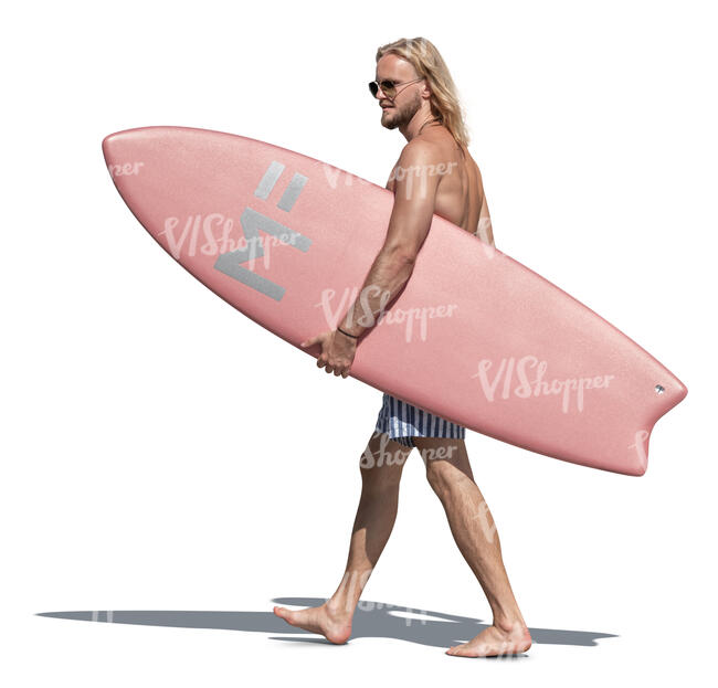 cut out man with a surfboard walking on the beach
