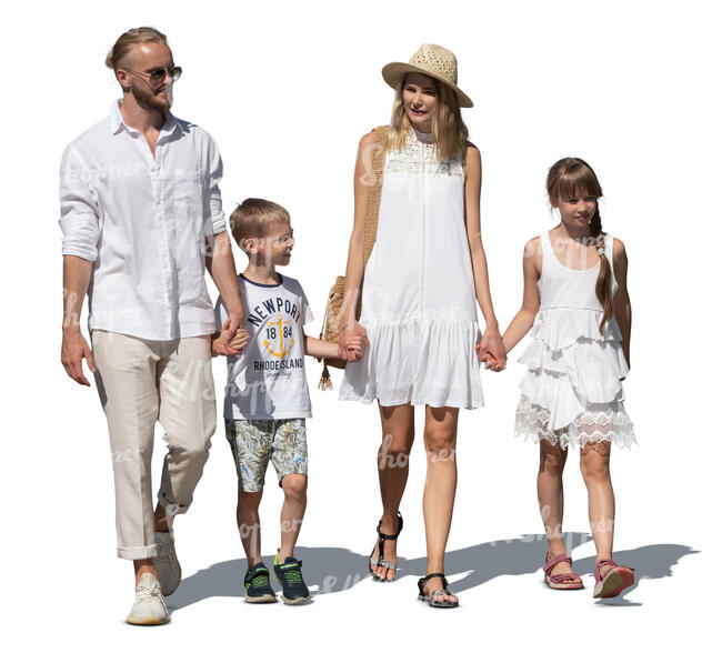 cut out family with two kids in white summer clothes walking hand in hand