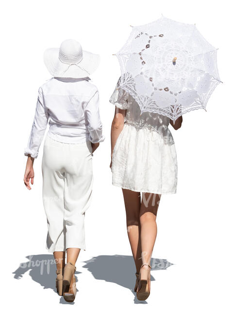 two cut out women in elegant white outfits walking