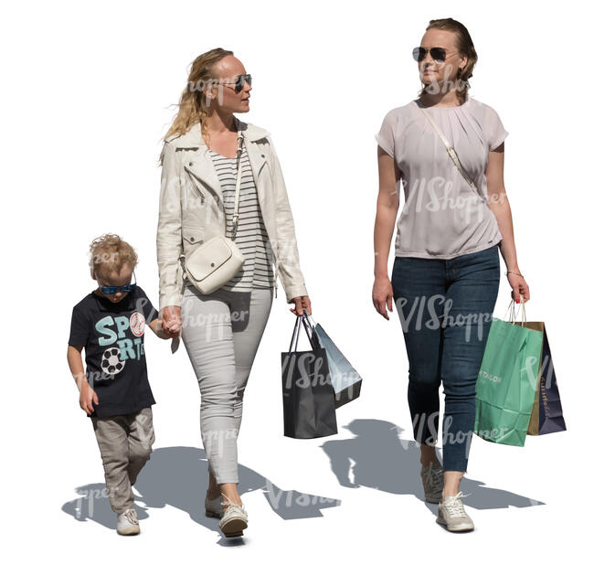 cut out woman with a small son walking side by side with another woman
