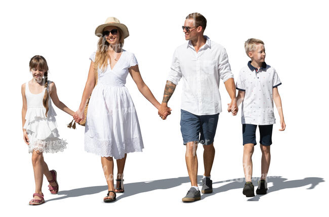 cut out happy family with two kids in white summer clothes walking hand in hand