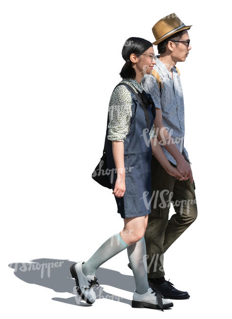 cut out asian couple walking hand in hand in tree shadow