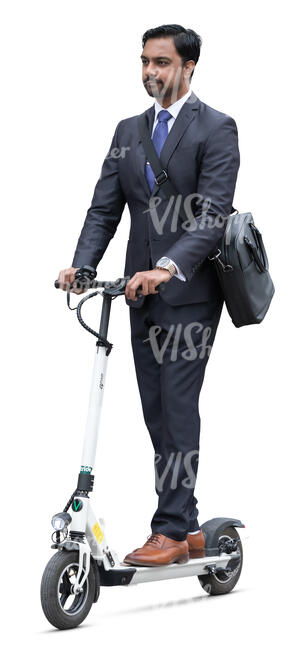 cut out businessman riding a white elecrtric scooter