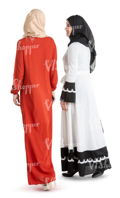 two cut out muslim women walking and talking