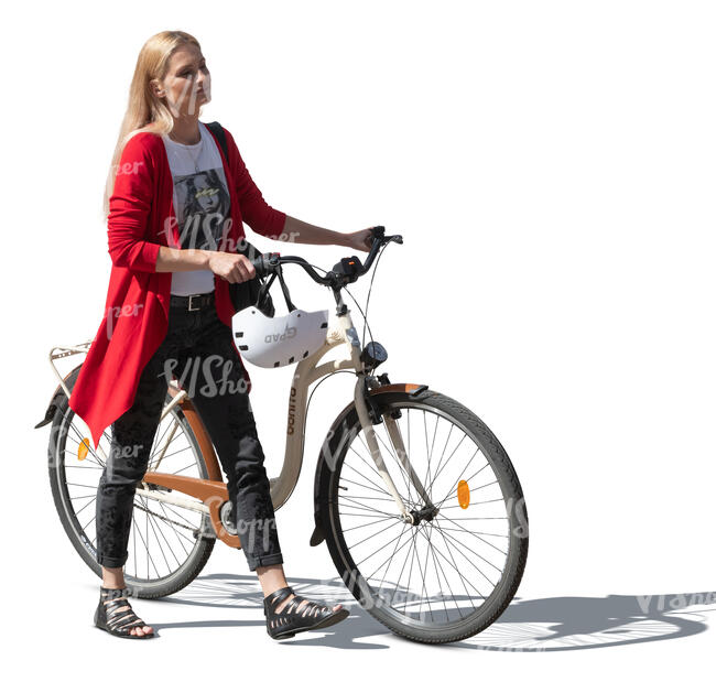 cut out woman walking while pushing a bike