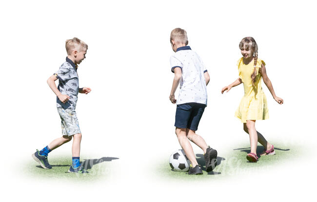 three cut out kids playing football