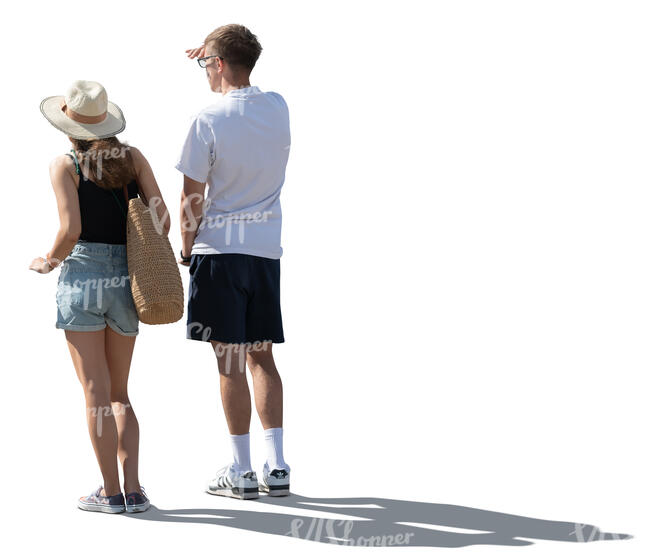 cut out man and woman leaning on a railing and looking into distance