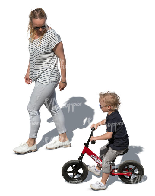 cut out mother and son with a bike walking seen from above