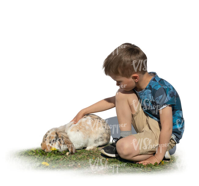 cut out boy sitting on the grass and petting a rabbit