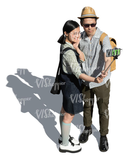cut out asian man and woman standing and taking a selfie seen from above