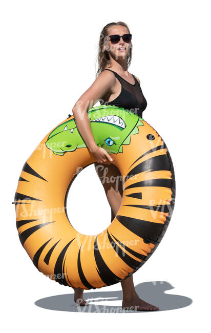 cut out woman with a big swim ring walking