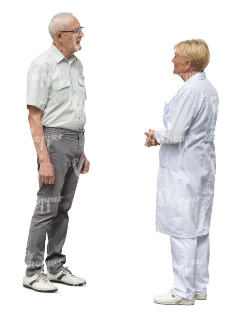 cut out elderly man standing and talking to a doctor
