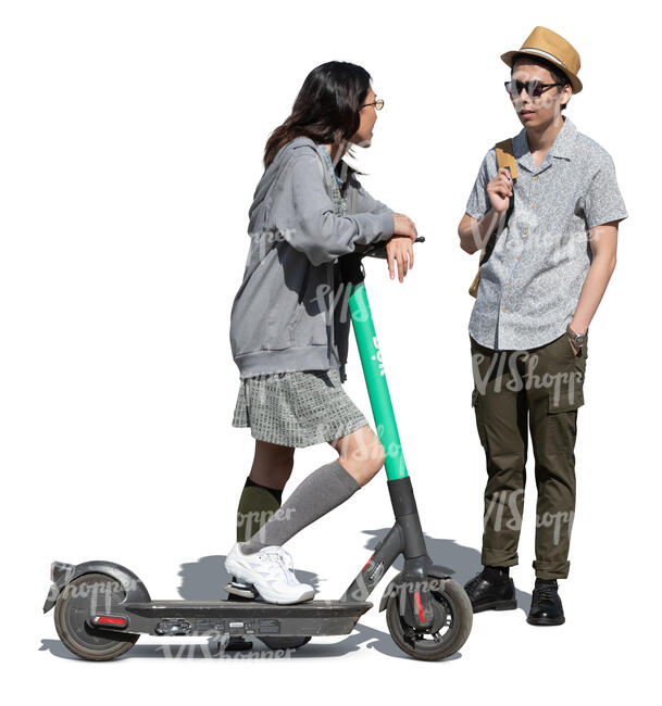 cut out woman with a scooter standing and talking to a friend