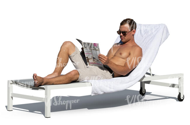 cut out man sunbathing on a beach chair and reading a magazine