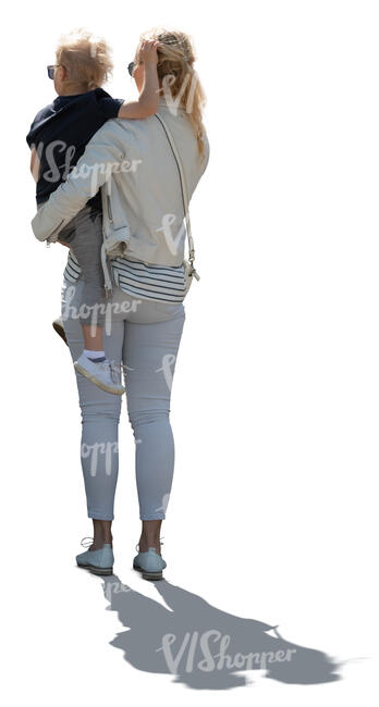 cut out backlit woman standing and holding her son in her arms