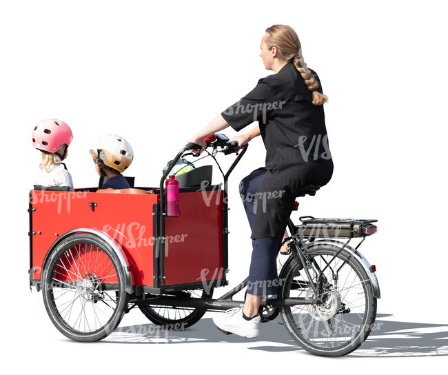 cut out mother and three kids riding a family cargo bike