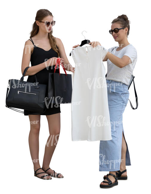 cut out two women standing in a store and looking at a dress