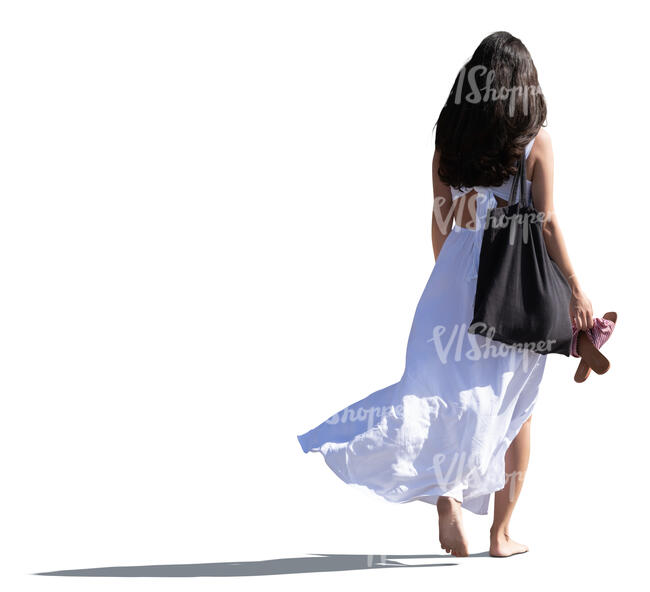 cut out woman in a white dress walking barefoot