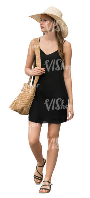 cut out woman in a black mini summer dress walking