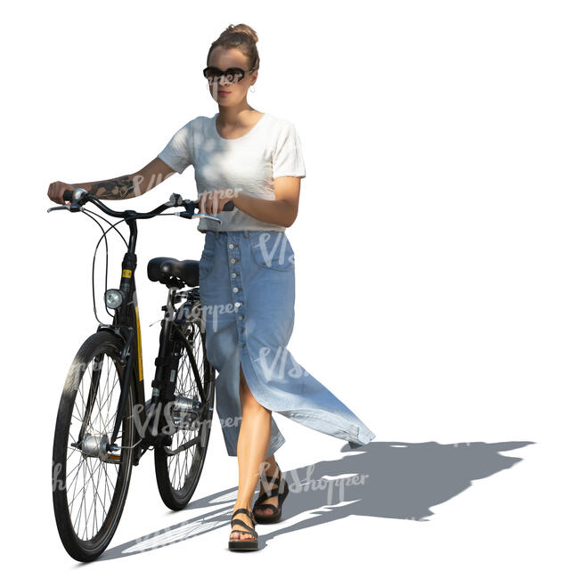 cut out woman with a bicycle walking in a tree shade