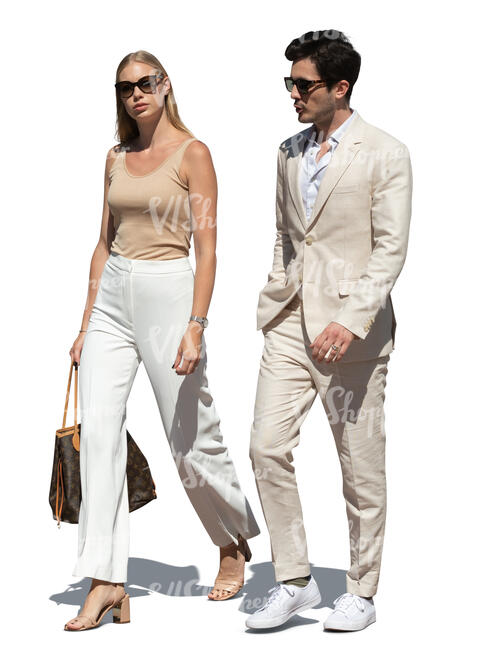 cut out posh man and woman in white summer clothes walking and talking