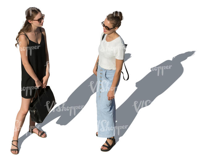 two cut out women standing and talking seen from above