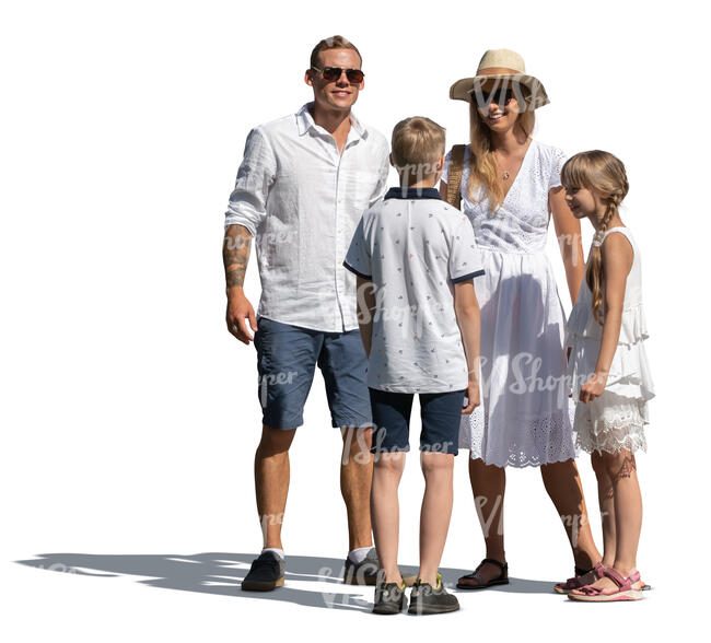 cut out family in white summer clothes standing and talking