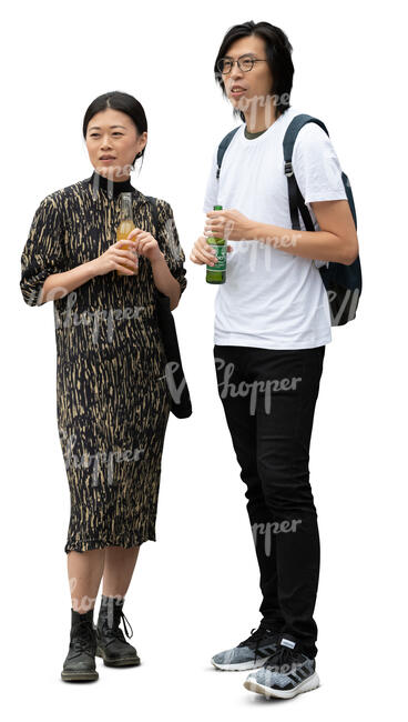 cut out man and woman standing and drinking soft drinks