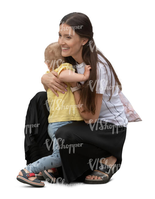 cut out 
woman squatting and hugging her son
