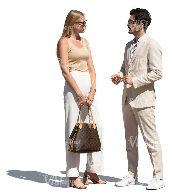 cut out man in a white suit standing and talking with a beautiful woman