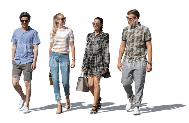 cut out group of four people walking and talking happily