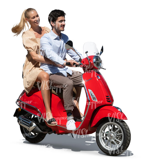cut out young man and woman riding together on a red vespa
