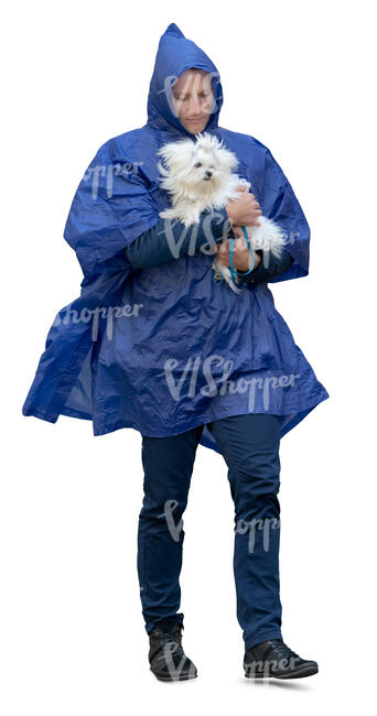 man wearing a blue hooded rain jacket walking and  carrying a small dog