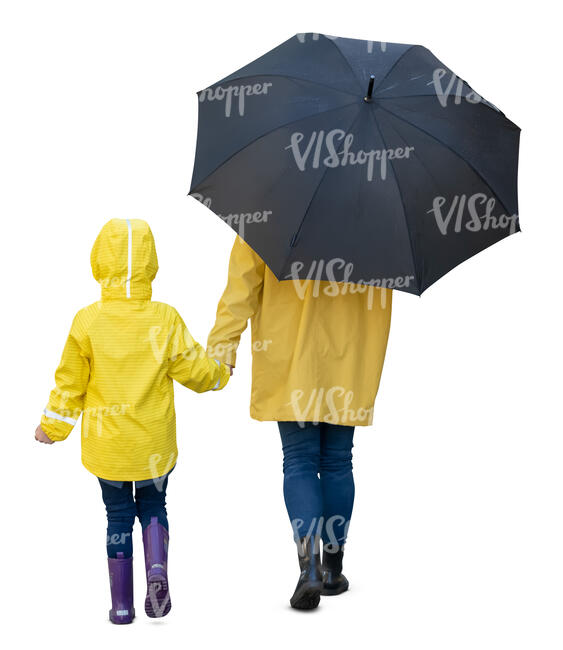 mother and daughter in yellow raincoats walking hand in hand on a rainy day