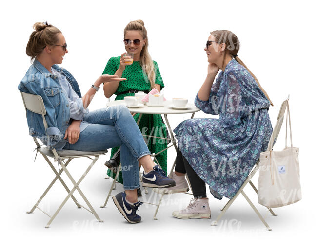 three cut out young women sitting in a cafe and talking