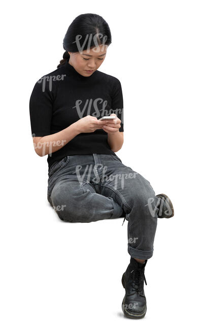 cut out woman sitting and typing something on her phone