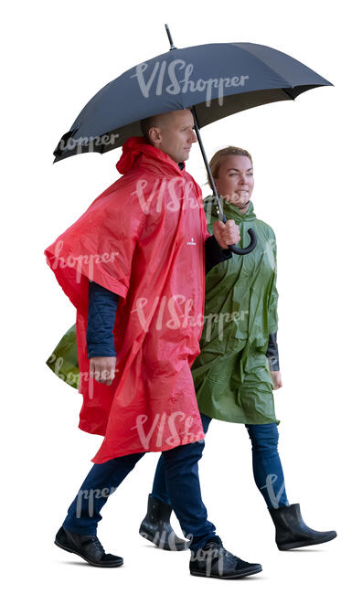 cut out man and woman wearing raincoats walking under un umbrella