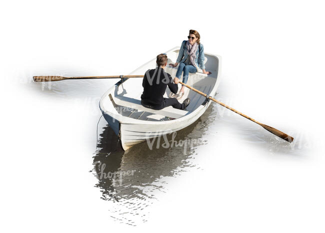 cut out man and woman on a boat ride seen from above
