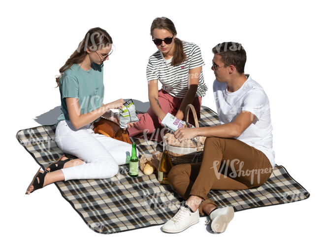 cut out group of three friends having a picnic seen from above