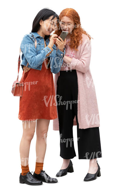 two cut out women standing and looking at a phone together